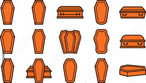 Foto Set of orange coffin icons for halloween design projects featuring various angle