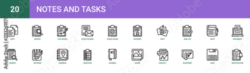 Set of 20 outline web Notes and Tasks icons such as notification bell, save, blueprint, contect, image, journal, question vector icons for report, presentation, diagram, web design, mobile app