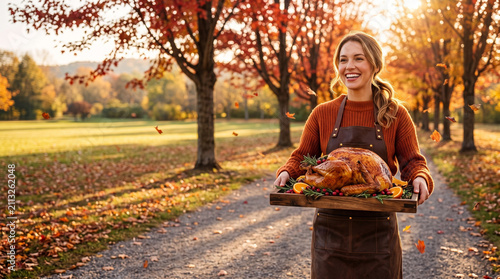  Thanksgiving, a stylish young woman with a festive joyful and lighthearted mood gracefully carrying an enormous roasted turkey on a wooden tray along an autumn park path with copy space