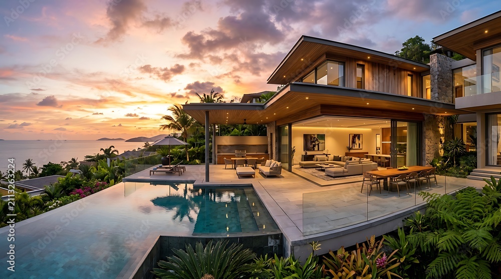 Fototapeta premium Wide angle shot of a luxury hillside tropical villa at sunset with fully open retractable glass walls, infinity pool, and panoramic ocean view