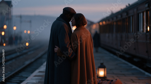 Train conductor and her partner stand close together on an early morning misty platform, overnight kayak expedition dry bag at their feet from the prior weekend, couple dynamic