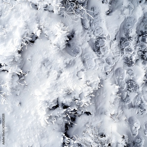 Top View Overhead Texture of Boot Footprints and Frosty Branches in Fresh Snow