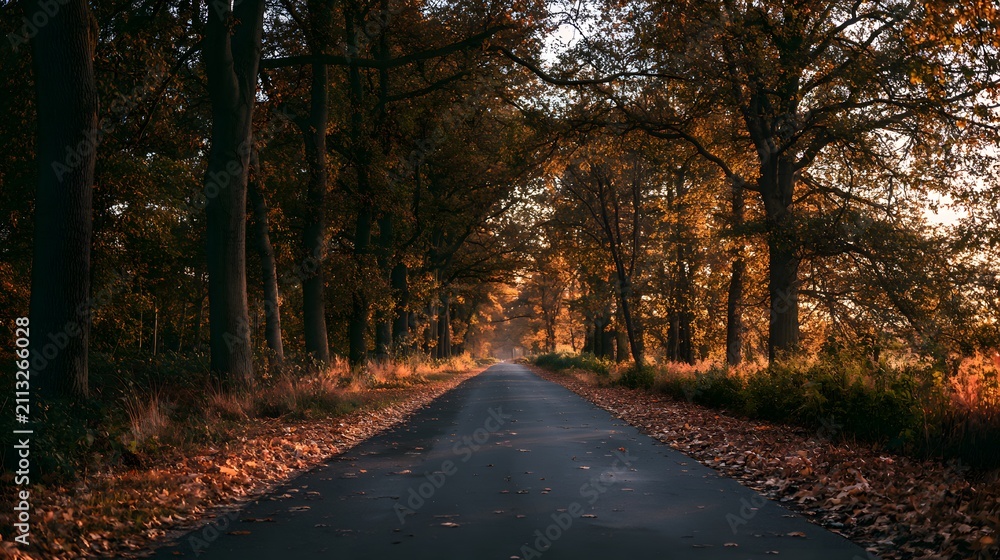 Obraz premium Autumn road bathed in golden light evokes a peaceful nostalgic landscape scene