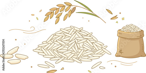 Bild auf Leinwand Fresh rice grains vector illustration with wheat ear and small burlap sack isola