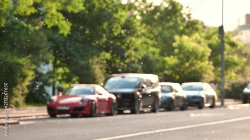 City street with cars parked alongside road, flying pollen in warm evening light