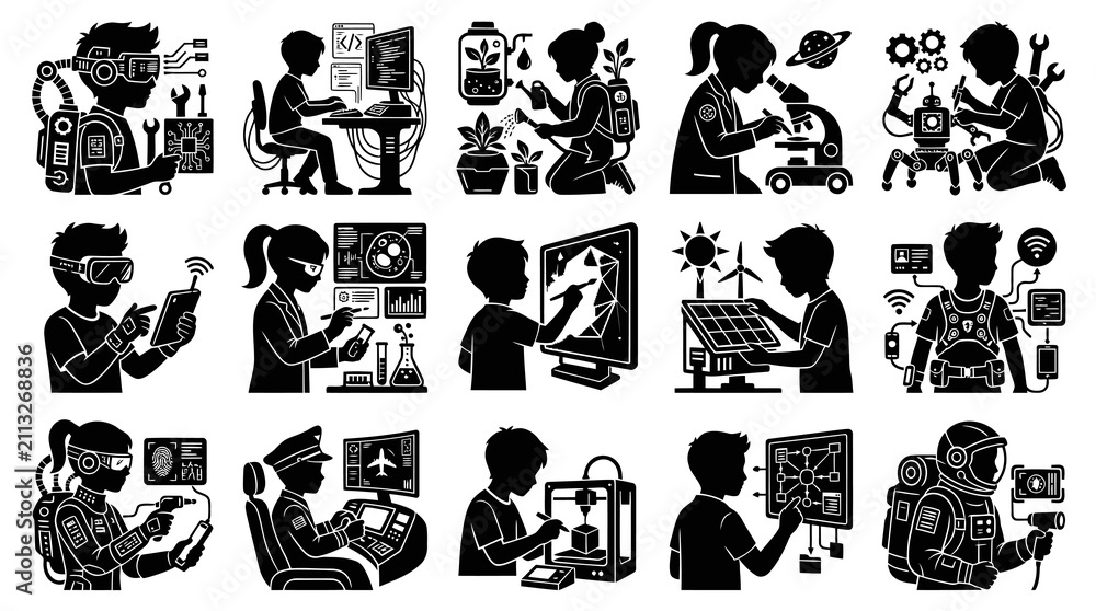 Fototapeta premium Technology Education Icons: Kids in STEM, Coding, Robotics, Space, Science