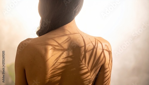 Aesthetic Shadow Play Projection of Monstera Leaf Falling on Woman Bare Back Body in Warm Daylight
