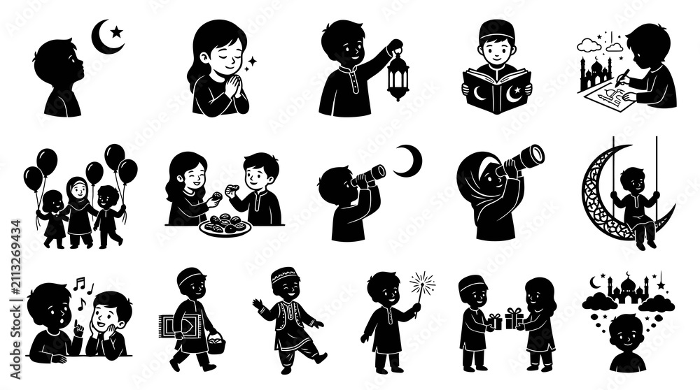 Obraz premium Islamic Culture Glyph Silhouette Illustrations of Muslim Children for Ramadan Eid Celebrations