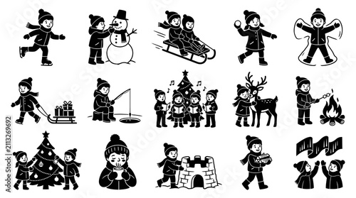 Black and White Christmas Children Vector Icons: Snowman, Sledding, Skating, Aurora Borealis