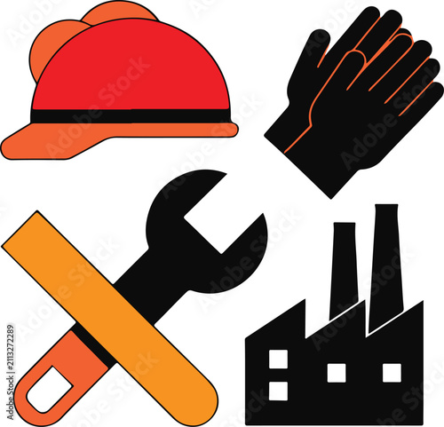 Construction and Industrial Safety Icon Set with Hard Hat, Gloves, Tools and Factory – Flat Vector Illustration