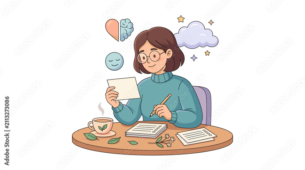 Fototapeta premium Woman writing notes with tea and mental health symbols