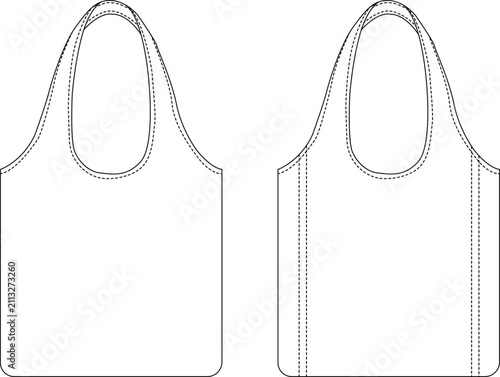 Eco Grocery Bag Flat Sketch Front and Back View Blueprint
