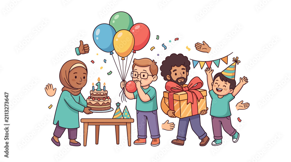 Fototapeta premium Diverse group celebrating a first birthday with cake and gifts