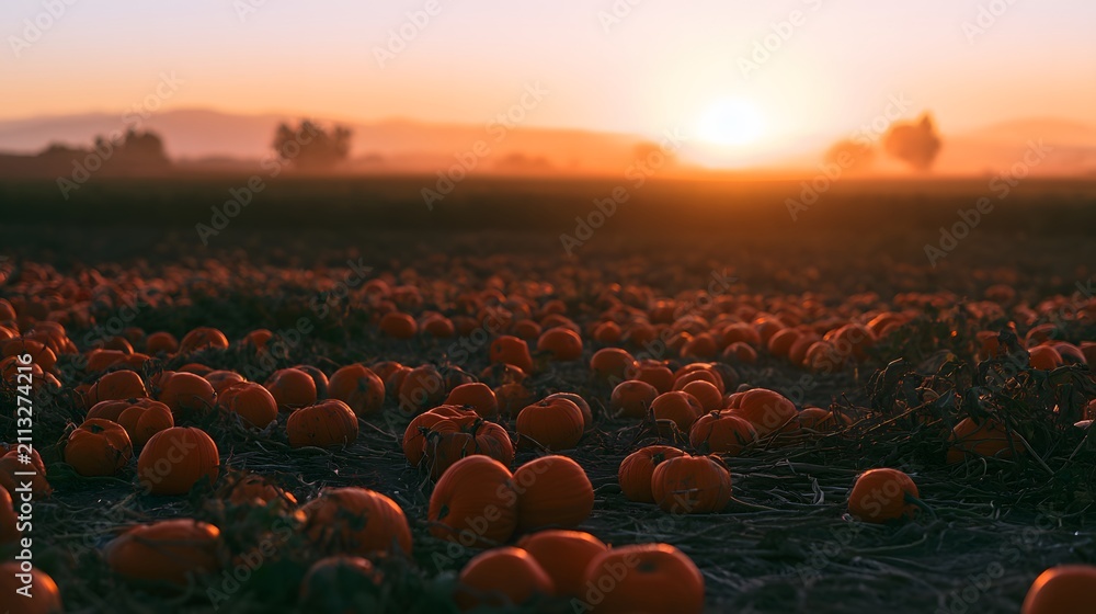Fototapeta premium Golden pumpkins glow warmly across a serene autumn field bathed in sunset’s idyllic light