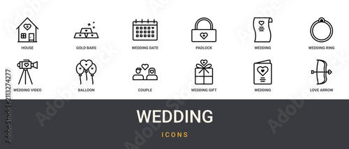 Set of 12 outline web Wedding icons such as love arrow, wedding invitation, wedding gift, couple, balloon, wedding video, ring vector icons for report, presentation, diagram, web design, mobile app