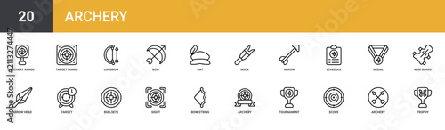 Obraz na plátně Set of 20 outline web Archery icons such as trophy, archery, scope, tournament,