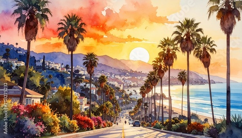 A scenic coastal city street lined with palm trees and flowers at sunset, symbolizing relaxation, summer holidays, and the vibrant lifestyle of oceanfront destinations