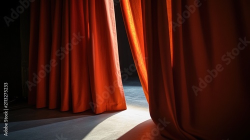 apart. Heavy red theater curtains open to an empty stage with a single spotlight and dramatic shadows. event programs, museum guides, designed for cultural heritage projects and event programs.