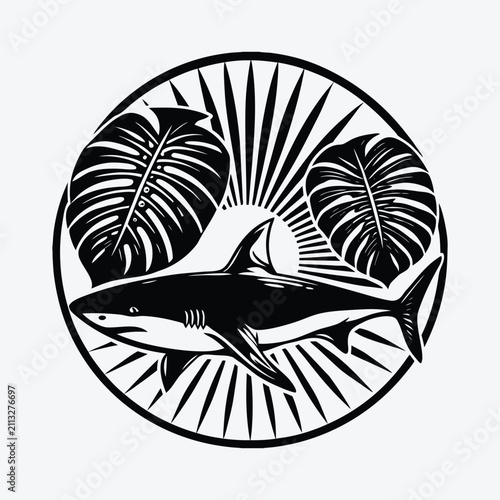 Linocut shark vector illustration with tropical monstera leaves and sunburst in a circular frame black and white engraved ocean predator emblem art.