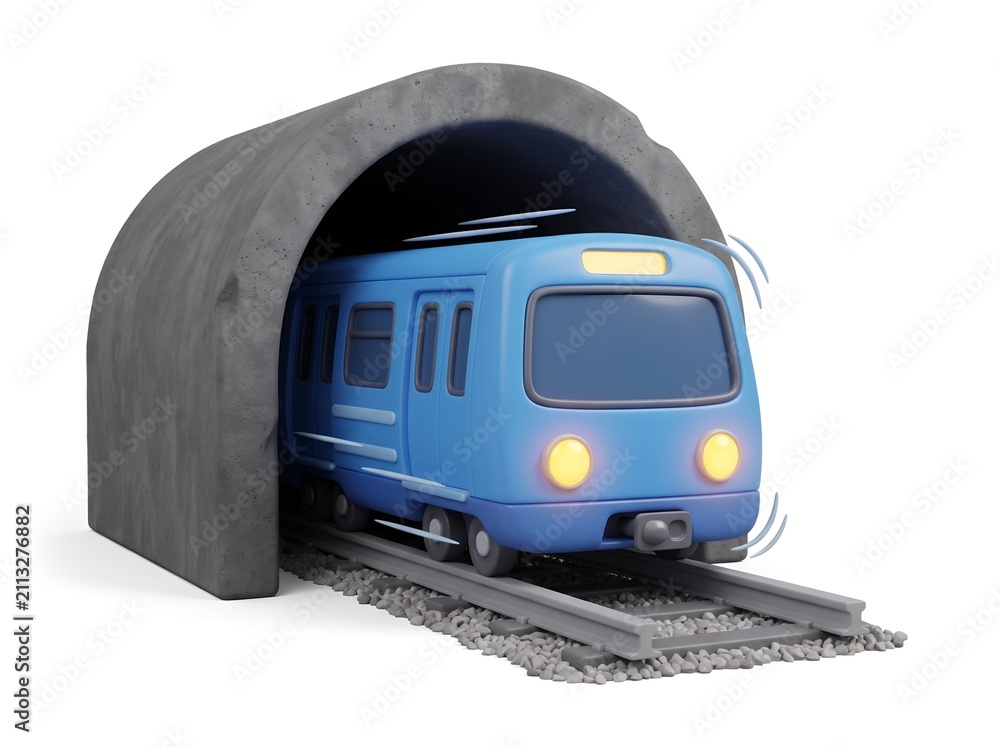 Naklejka premium 3d illustration of a blue subway train exiting a concrete tunnel
