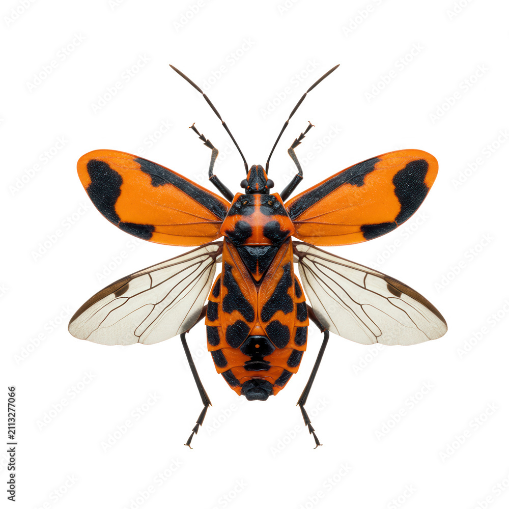 Obraz premium Vibrant orange and black insect with wings isolated on transparent background