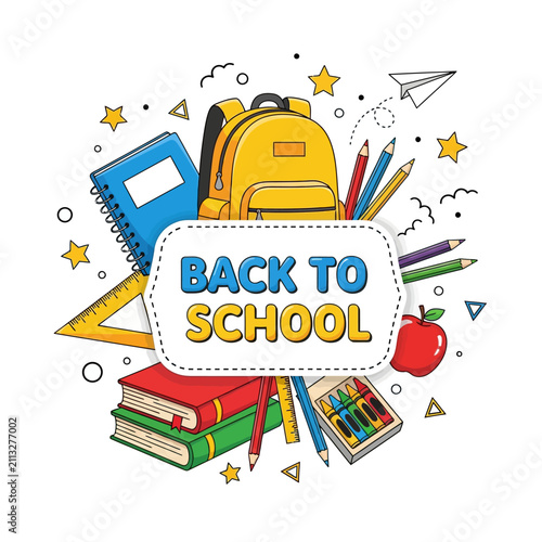 Back to School Supplies - Backpack, Books, Pencils, Crayons and Ruler Illustration