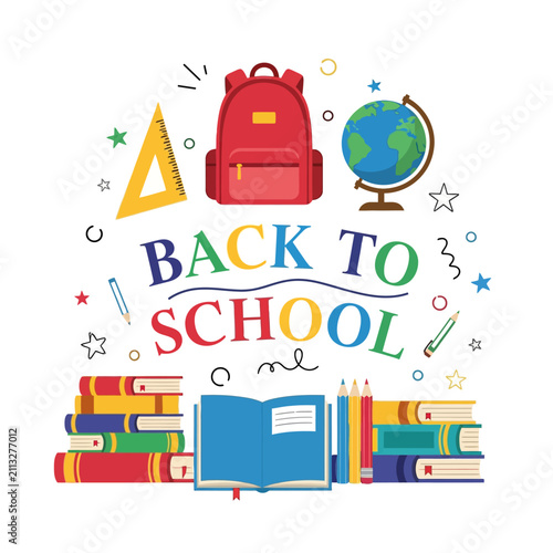 Back to School Supplies - Books, Backpack, Globe, Ruler, Pencils, Notebook