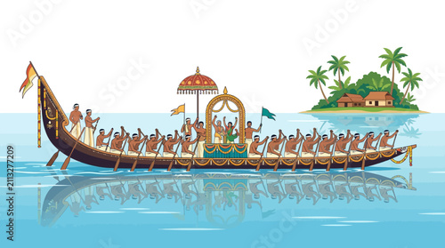 Traditional Kerala Snake Boat Race Festival with Rowers and Tropical Island