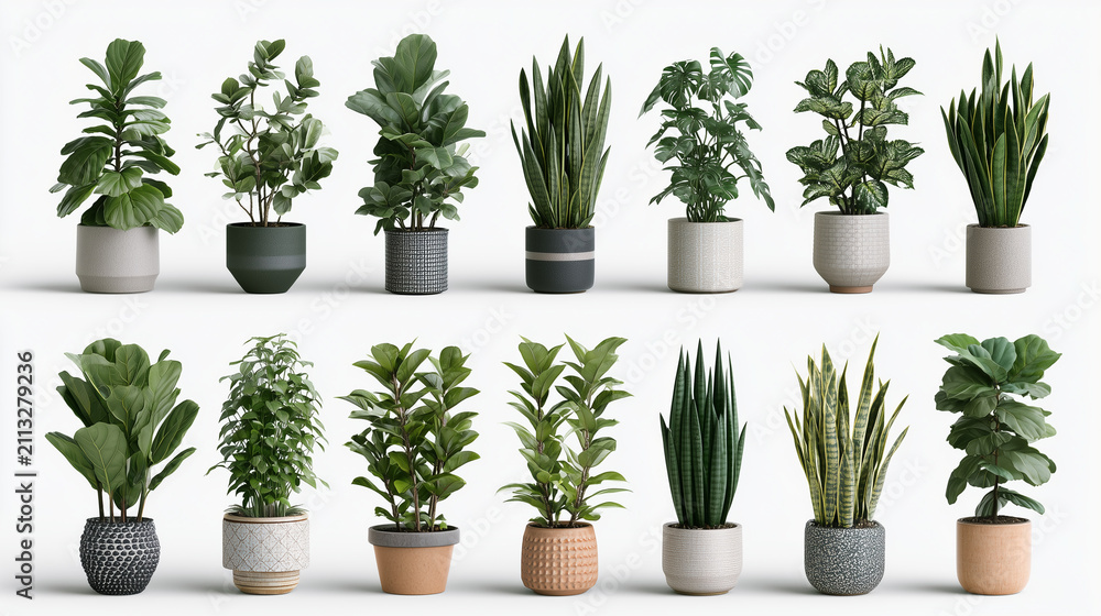 Fototapeta premium Collection of various potted houseplants isolated on white background, set of indoor decorative green plants in modern ceramic and clay pots for home and office interior design decoration elements