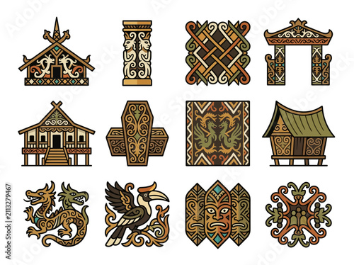 Tribal Art Collection: Houses, Dragon, Hornbill, and Ornaments