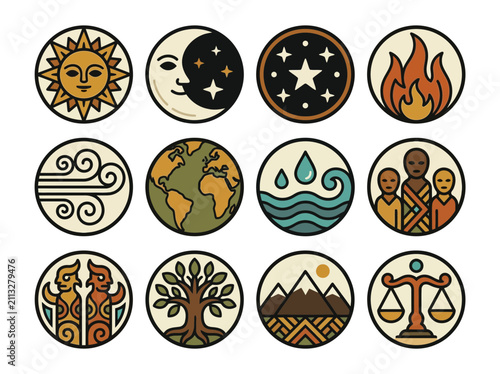 Celestial and Elemental Symbols in Circular Icons