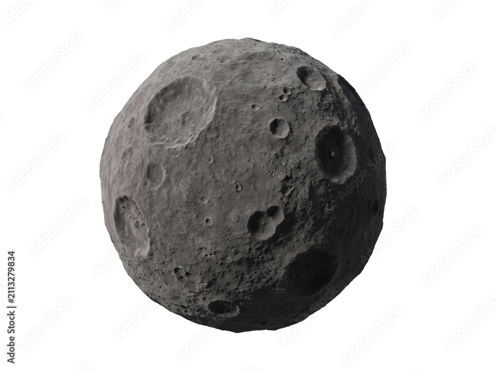 Fototapeta premium Cratered rocky moon or asteroid isolated on white background