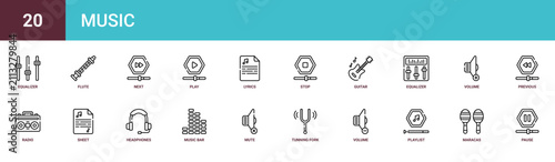 Fotografía Set of 20 outline web Music icons such as pause, maracas, playlist, volume, tunn