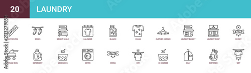 Set of 20 outline web Laundry icons such as wet, softener, coat, 30 degrees, dry, wring, dryer vector icons for report, presentation, diagram, web design, mobile app
