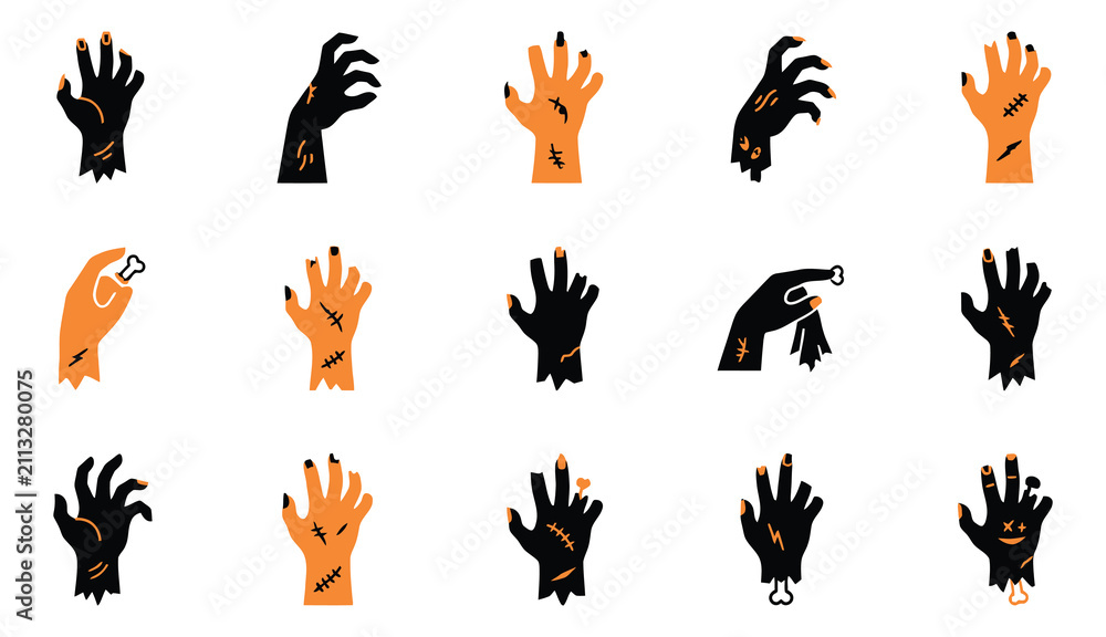 Obraz premium Set of various scary monster and zombie hand illustrations isolated on white for halloween party decoration design elements