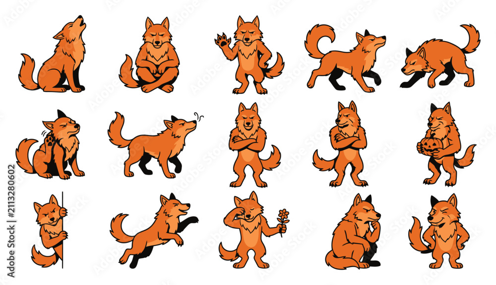 Obraz premium Set of cute cartoon fox characters in various poses perfect for halloween themed designs and creative projects