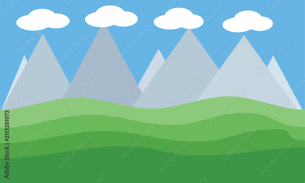 Fototapeta premium A simple flat vector illustration of a green rolling landscape with grey mountain peaks under a bright blue sky with white clouds