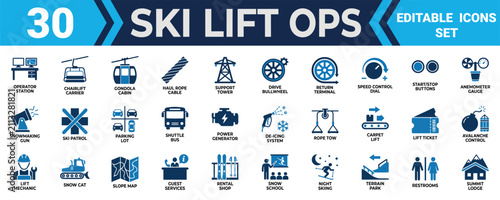 Fotografie Set of thirty ski lift operations icons showing winter resort equipment and mountain facility services Minimal solid fill icon set bundle collection
