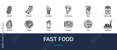 Foto Set of 12 outline web Fast Food icons such as takoyaki, pizza, pancake, soda, ra