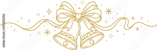 Golden outline of two christmas bells tied with a ribbon and sparkles holiday celebration festive