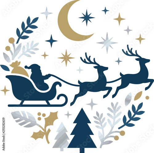 Santa claus in a sleigh pulled by reindeer, with christmas trees, stars, and a crescent moon holiday