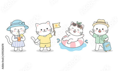 Cute cartoon white cats enjoying summer vacation activities and travel.