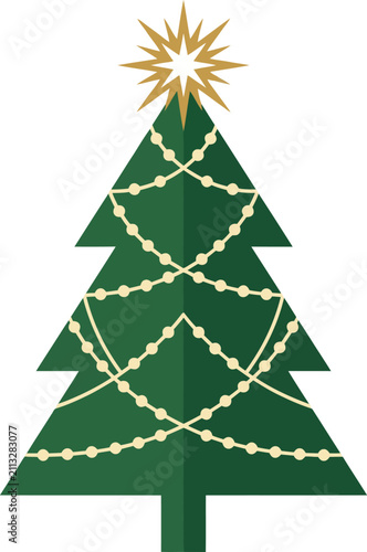 Stylized green christmas tree with gold starburst topper and cream garland
