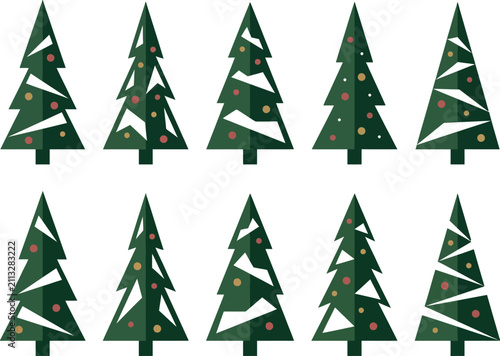 Ten flat christmas trees with geometric shapes and round ornaments in green, white, red, and gold flat geometric