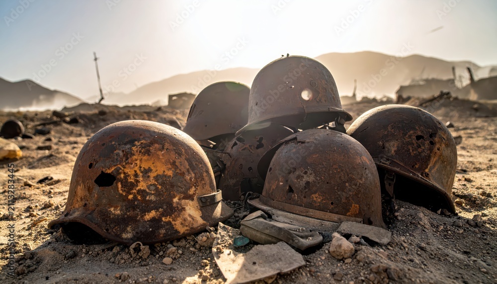 Obraz premium Heap of Rusty, Dilapidated Military Helmets Scattered on Sandy Ground, Evoking Past Conflicts and Abandoned Battlefields