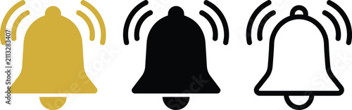 Three bell one gold, one black, one outline, with sound waves yellow