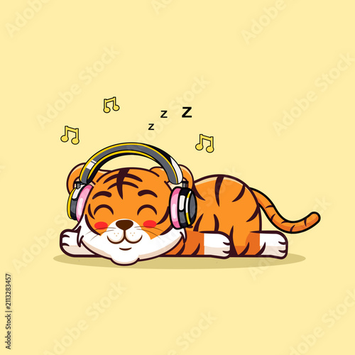 Billede på lærred Cute Sleeping Tiger Wearing Headphones Listen Music Vector Illustration Kawaii A