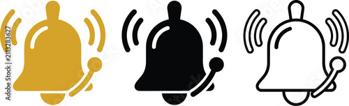Three stylized bell one gold, one black, one outline, with sound waves notification alert ringing