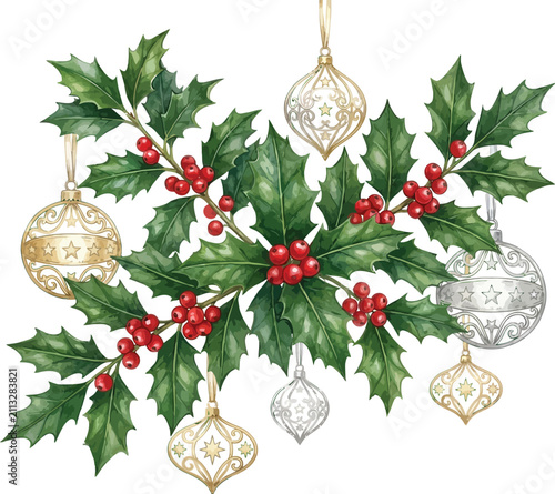 Watercolor christmas holly sprig with ornate gold and silver ornaments holly leaves red berries