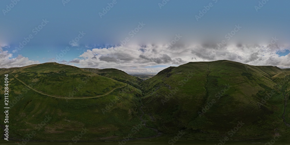 Fototapeta premium Alva Glen above Alva looking over Clackmannanshire to the Kincardine Bridge, Ochil Hills, Scotland - 360 Degree Panorama